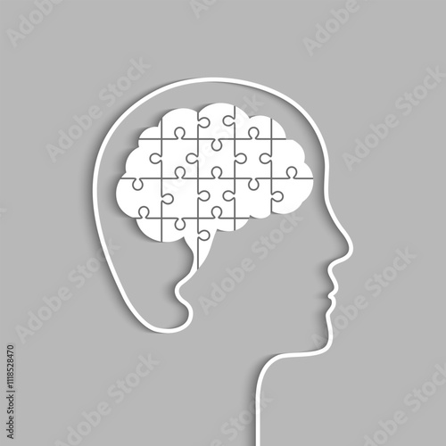 Head and brain made of jigsaw puzzle pieces. Complete and whole human mind concept. Papercut art, vector illustration.