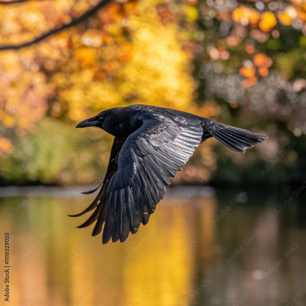 Naklejka premium Majestic black crow soaring through autumnal trees with vibrant yellow leaves