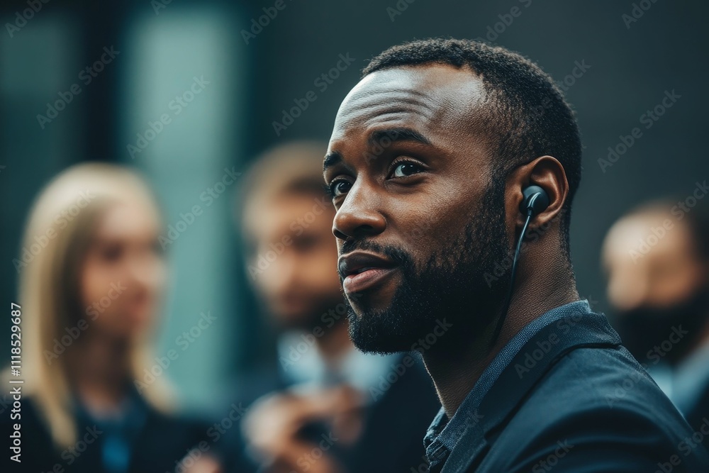 Man in suit, earpiece, attentive expression, blurred background. Man in suit, earpiece, attentive expression, blurred background.