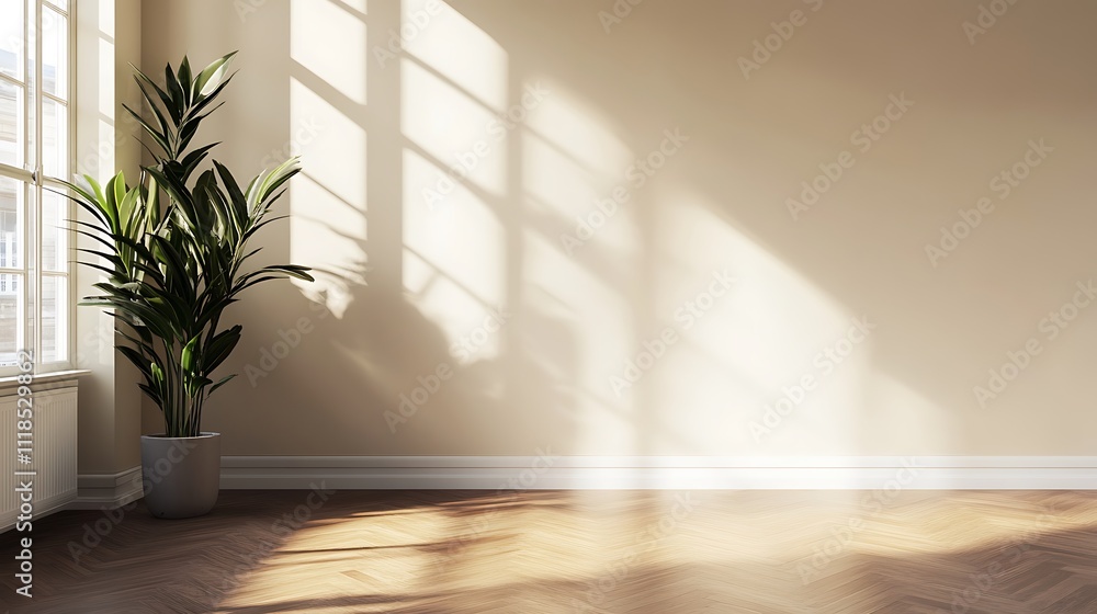 A beige room with sunlight streaming in, casting shadows. A potted plant sits near a window. A beige room with sunlight streaming in, casting shadows. A potted plant sits near a window.