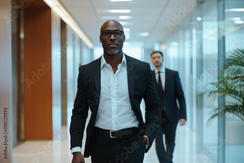 Confident businessman walks hallway, colleague follows.