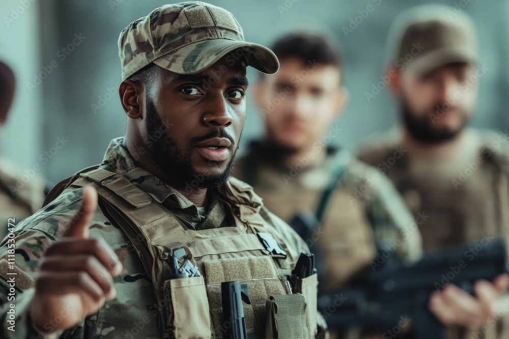 Camouflaged soldier gestures, teammates blurred background. Camouflaged soldier gestures, teammates blurred background.