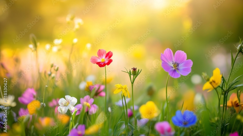 Obraz premium Wild nature flowers meadow wallpaper: tranquil beauty with bokeh effect