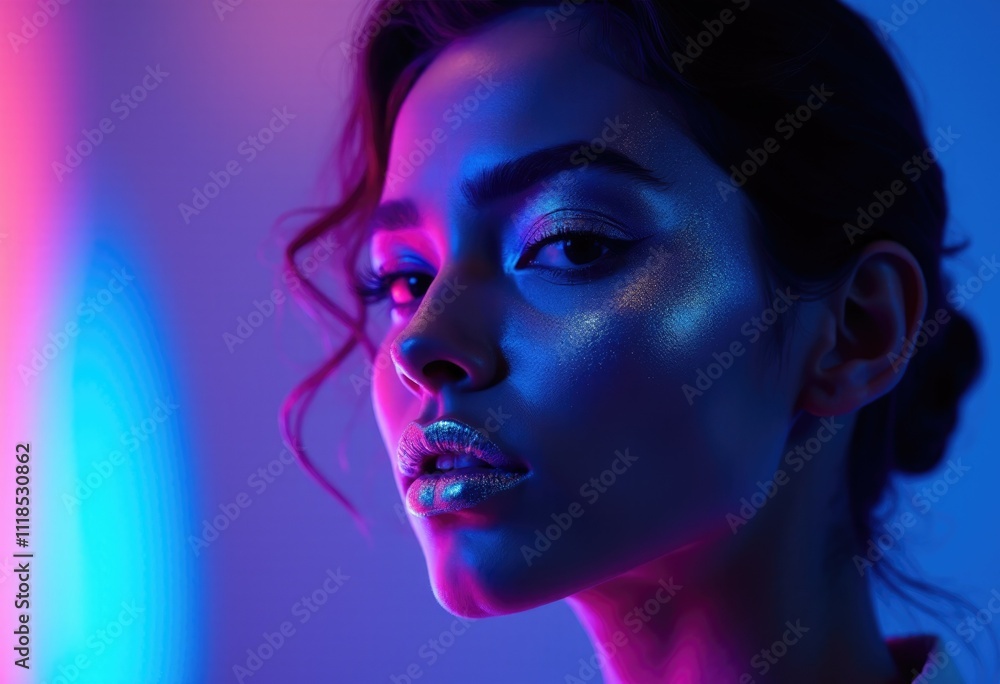 Close-up portrait of a woman with blue and pink lighting and glittery makeup. Close-up portrait of a woman with blue and pink lighting and glittery makeup.