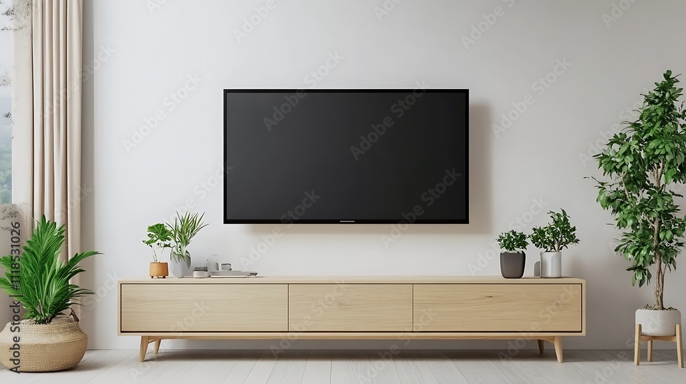 A flat-screen TV mounted on a white cabinet. Plants and a hanging decoration are on either side. A flat-screen TV mounted on a white cabinet. Plants and a hanging decoration are on either side.