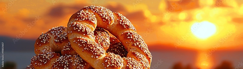 Greek koulouri bread ring with sesame seeds, captured with an iconic Santorini sunset