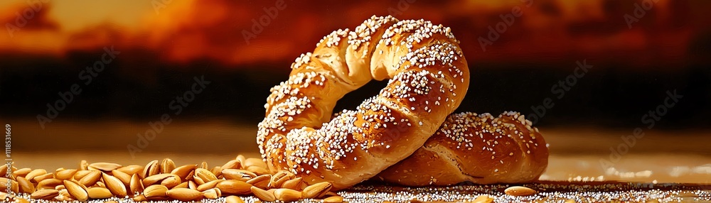 Greek koulouri bread ring with sesame seeds, captured with an iconic Santorini sunset Greek koulouri bread ring with sesame seeds, captured with an iconic Santorini sunset