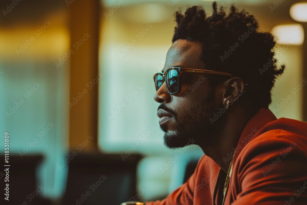 Man, sunglasses, red jacket, thoughtful expression, indoor setting. Man, sunglasses, red jacket, thoughtful expression, indoor setting.