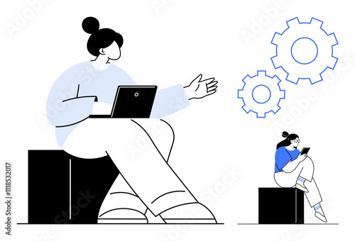 Two women using laptops, one gesturing and another seated, with gear icons. Ideal for teamwork, technology, collaboration, workflow, innovation remote work communication themes. Line metaphor