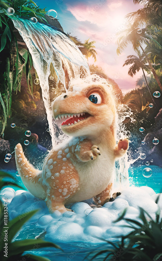 happy baby dinosaur washing in waterfall with soap foam. digital artwork. Ai generated