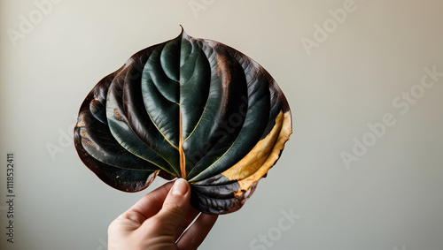 An old leaf of chocolate alocasia. The beauty of fading concept. Isolated background. A hand-taken photo, not AI photo