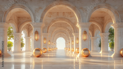 A light-filled arched walkway with beige columns, hanging lanterns