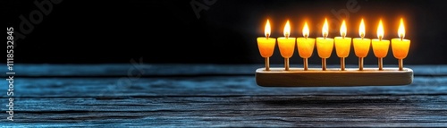 A glowing menorah with eight candles lit, symbolizing Hanukkah's sacred light in a dark setting photo