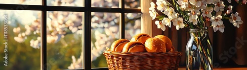 Japanese anpan sweet bread filled with red bean paste, placed on a wooden tray near cherry blossoms photo