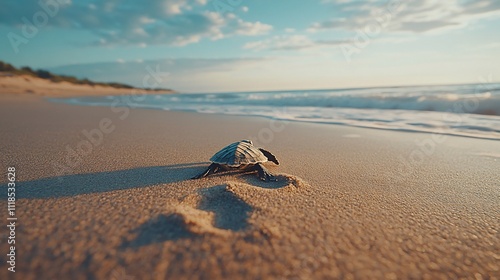 Fototapeta Naklejka Na Ścianę i Meble -  Baby sea turtle crawling on sandy beach towards ocean at sunset.