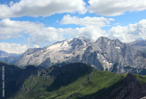 Marmolada mountain in northern Italy and what remains of the glacier that is inexorably melting more and more each yea