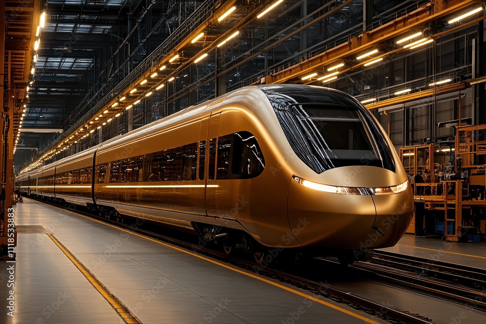Naklejka premium Technicians assemble high-speed train components in a state-of-the-art manufacturing facility in Lyon with sparks flying and precision tools at work