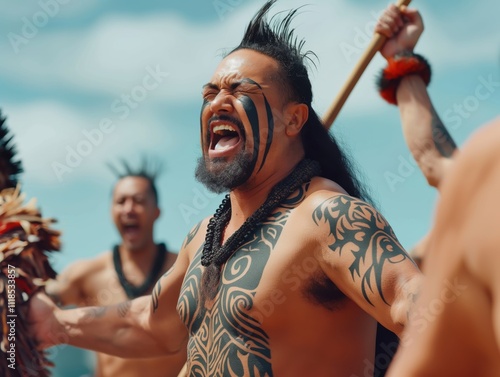 Maori haka performance beachfront cultural dance outdoor dynamic expression photo