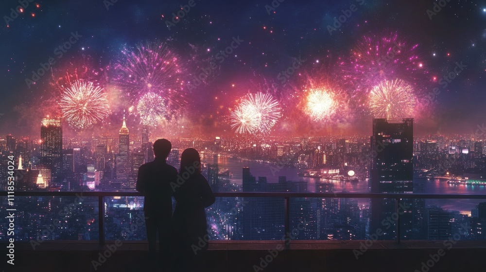 Couple silhouetted against vibrant fireworks over city skyline at night. Couple silhouetted against vibrant fireworks over city skyline at night.