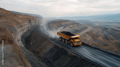 Open-pit coal mining in Gillette, Wyoming shows dragline excavators and colossal trucks hauling black gold in dusty terrain photo