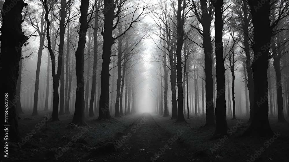 Fototapeta premium Monochrome image of a misty forest with tall, evenly spaced trees, creating an eerie and mysterious atmosphere in nature