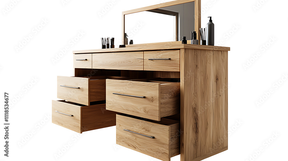 A wooden vanity with a mirror and drawers A wooden vanity with a mirror and drawers