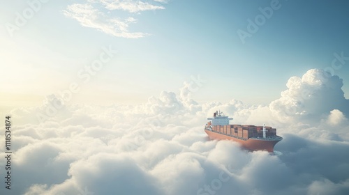 Container ship sailing through a sea of clouds, surrealism concept for limitless global trade photo