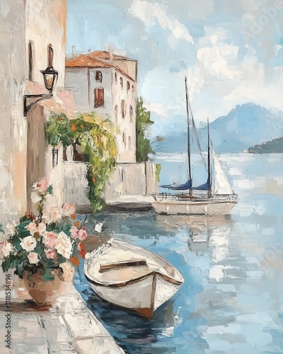 Vintage city or town landscape art painting, wall art, design, realistic, textured painting