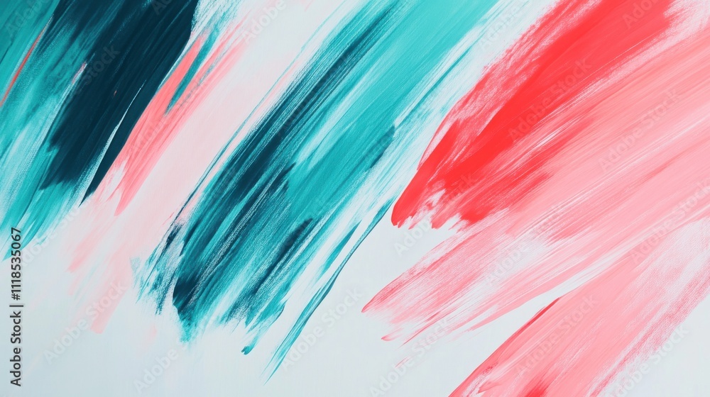 Vivid brush strokes in teal and coral interact dynamically, showcasing a contemporary abstract style. The layering technique emphasizes contrast and texture, creating movement Vivid brush strokes in teal and coral interact dynamically, showcasing a contemporary abstract style. The layering technique emphasizes contrast and texture, creating movement
