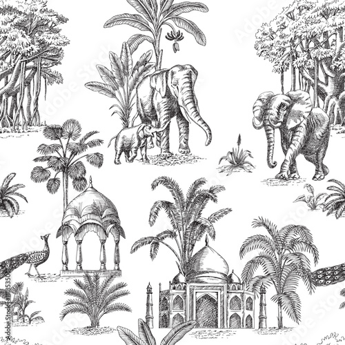 Indian toile jungle seamless pattern. Tropical palm tree, plants, architecture, elephants animals wallpaper.