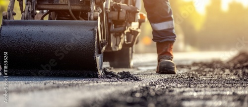 An intimate view of a road worker operating a paving machine on a highway construction site, Highway paving operation scene, Focused and efficient style photo