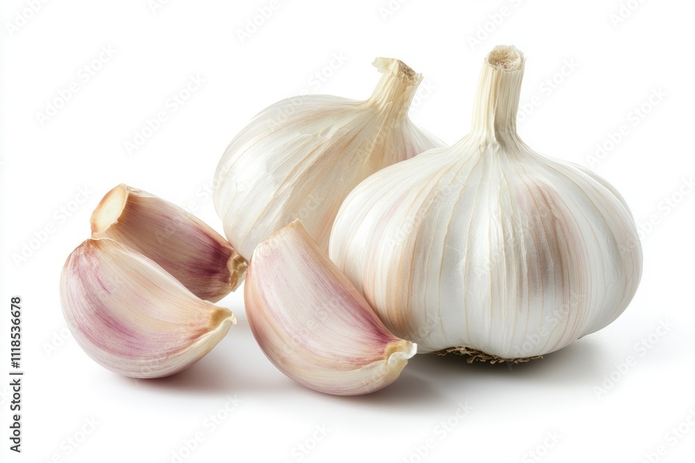 Obraz premium Fresh Garlic Bulb and Cloves on White Background in Detailed Macro View