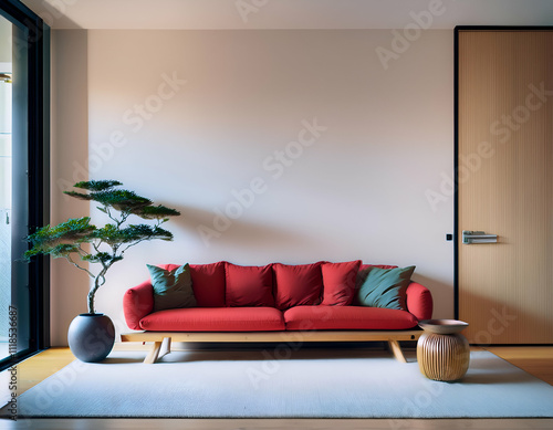 japandi living room, minimalist interior design, red single-seat sofa, modern home decor, scandinavian japanese style, wooden door, cozy space, neutral tones, simple furniture photo