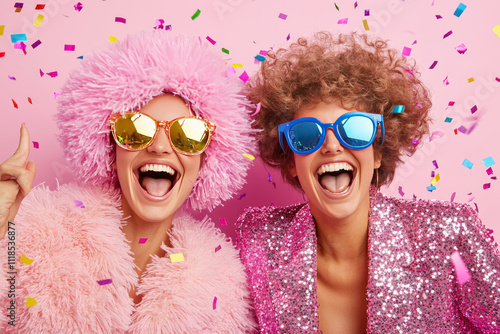Two joyful women in vibrant party attire with colorful confetti celebrating together against a pink backdrop, showcasing friendship and fun vibes