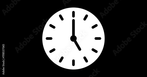 Animation of clock. White on black. Transparent background. Footage. Alpha channel.