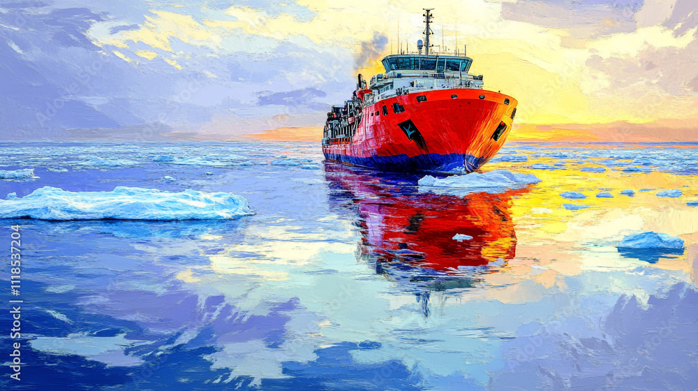 Obraz premium polar research ship navigating through icy waters on the ocean, navigating through a stunning Antarctic ocean landscape, Ship in ocean near glacier, Icebreaker ship in the North Sea.