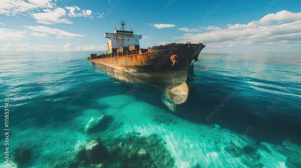 Fototapeta premium Sunken container ship partially visible under clear blue waters, showcasing hidden stories of global trade