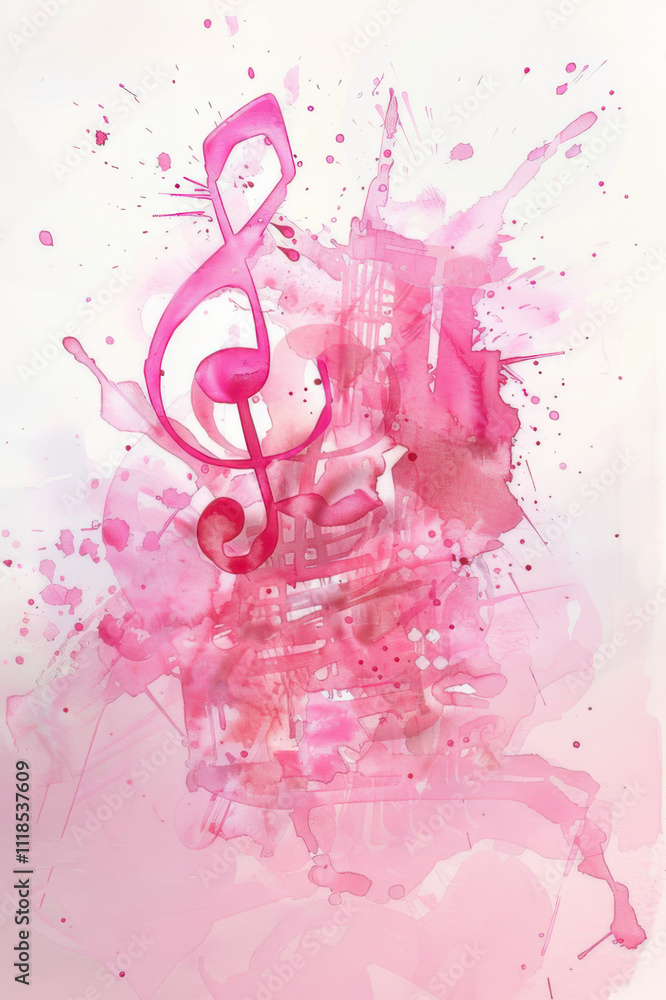 Abstract pink watercolor treble clef on white background, blending musical art with creative expression and elegance. Abstract pink watercolor treble clef on white background, blending musical art with creative expression and elegance.