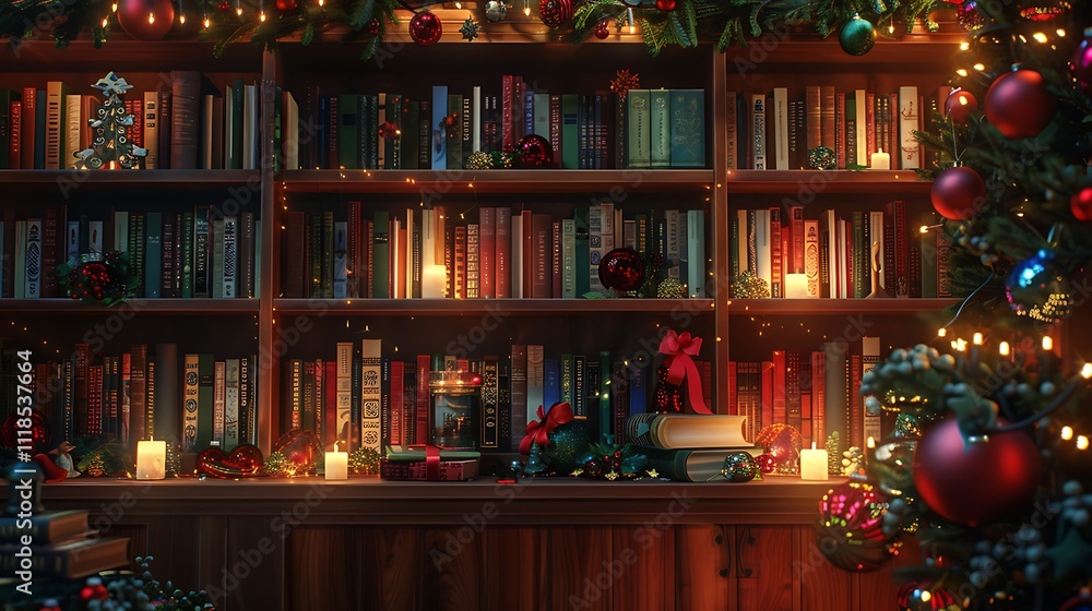 A Christmas-themed bookshelf decorated with small ornaments and candles. A Christmas-themed bookshelf decorated with small ornaments and candles.