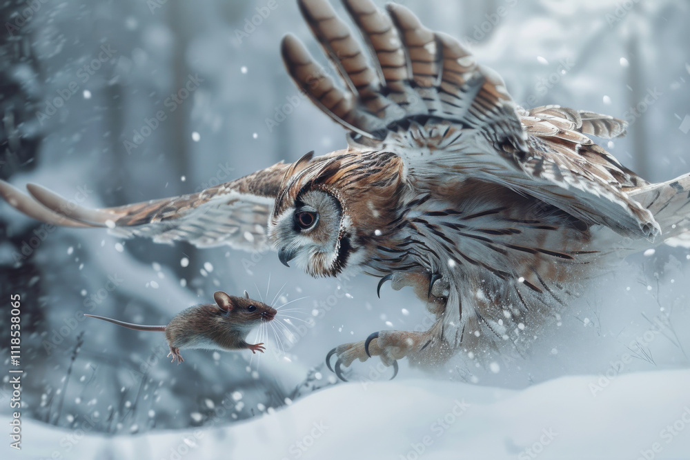Obraz premium An owl swooping down on a mouse in a snowy forest, capturing a dramatic wildlife moment in nature.