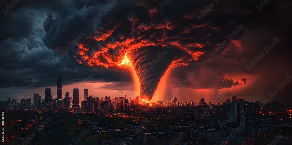 A fiery tornado engulfs a city skyline, with dark storm clouds and an ominous glow illuminating the chaotic scene. A fiery tornado engulfs a city skyline, with dark storm clouds and an ominous glow illuminating the chaotic scene.