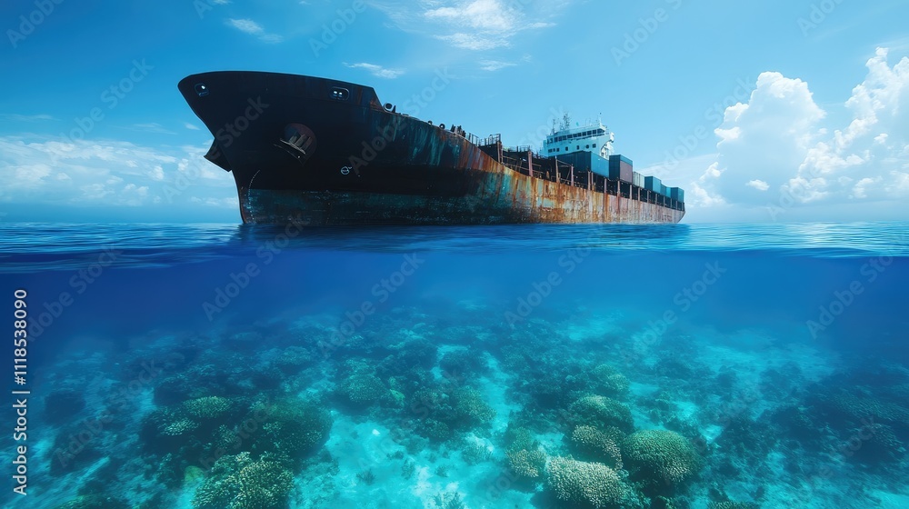 Fototapeta premium Sunken container ship partially visible under clear blue waters, showcasing hidden stories of global trade