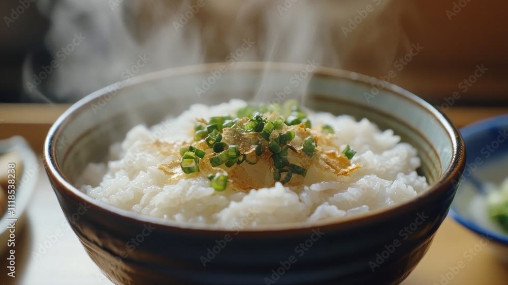 A steaming bowl of rice topped with green onions, ready to be enjoyed. A steaming bowl of rice topped with green onions, ready to be enjoyed.