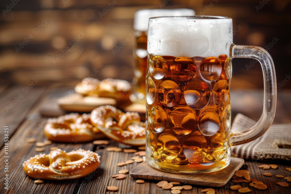 Two frothy beer mugs and pretzels on a rustic table, capturing the festive essence of Oktoberfest. Two frothy beer mugs and pretzels on a rustic table, capturing the festive essence of Oktoberfest.