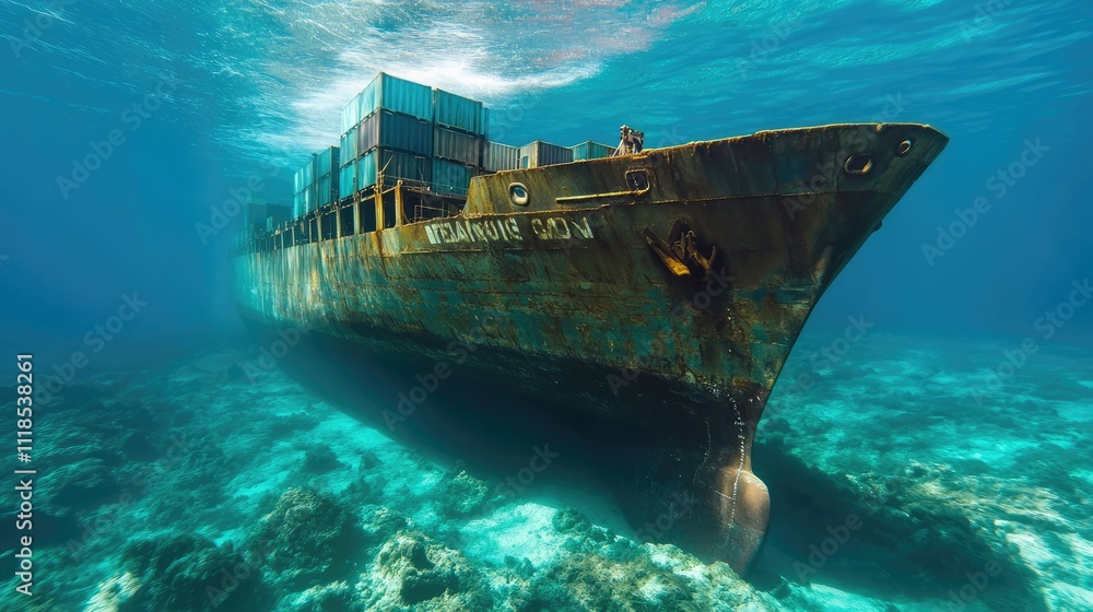 Sunken container ship partially visible under clear blue waters, showcasing hidden stories of global trade Sunken container ship partially visible under clear blue waters, showcasing hidden stories of global trade