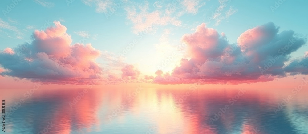 Serene sunset over calm ocean with pastel clouds reflecting on the water. Serene sunset over calm ocean with pastel clouds reflecting on the water.