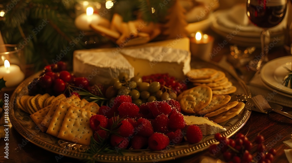 A Christmas-themed cheese platter with crackers and fresh fruit. A Christmas-themed cheese platter with crackers and fresh fruit.