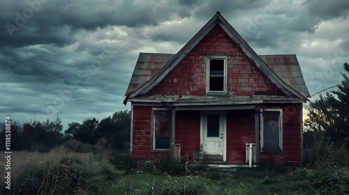 Gloomy Abandoned Red House Under a Stormy Sky