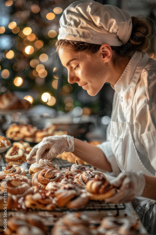 A young female baker prepares freshly baked bread rolls in a cozy bakery, focusing on her craft. A young female baker prepares freshly baked bread rolls in a cozy bakery, focusing on her craft.