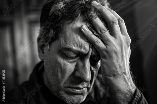 A distressed man holds his head in his hands, expressing deep emotional pain and struggle with depression.